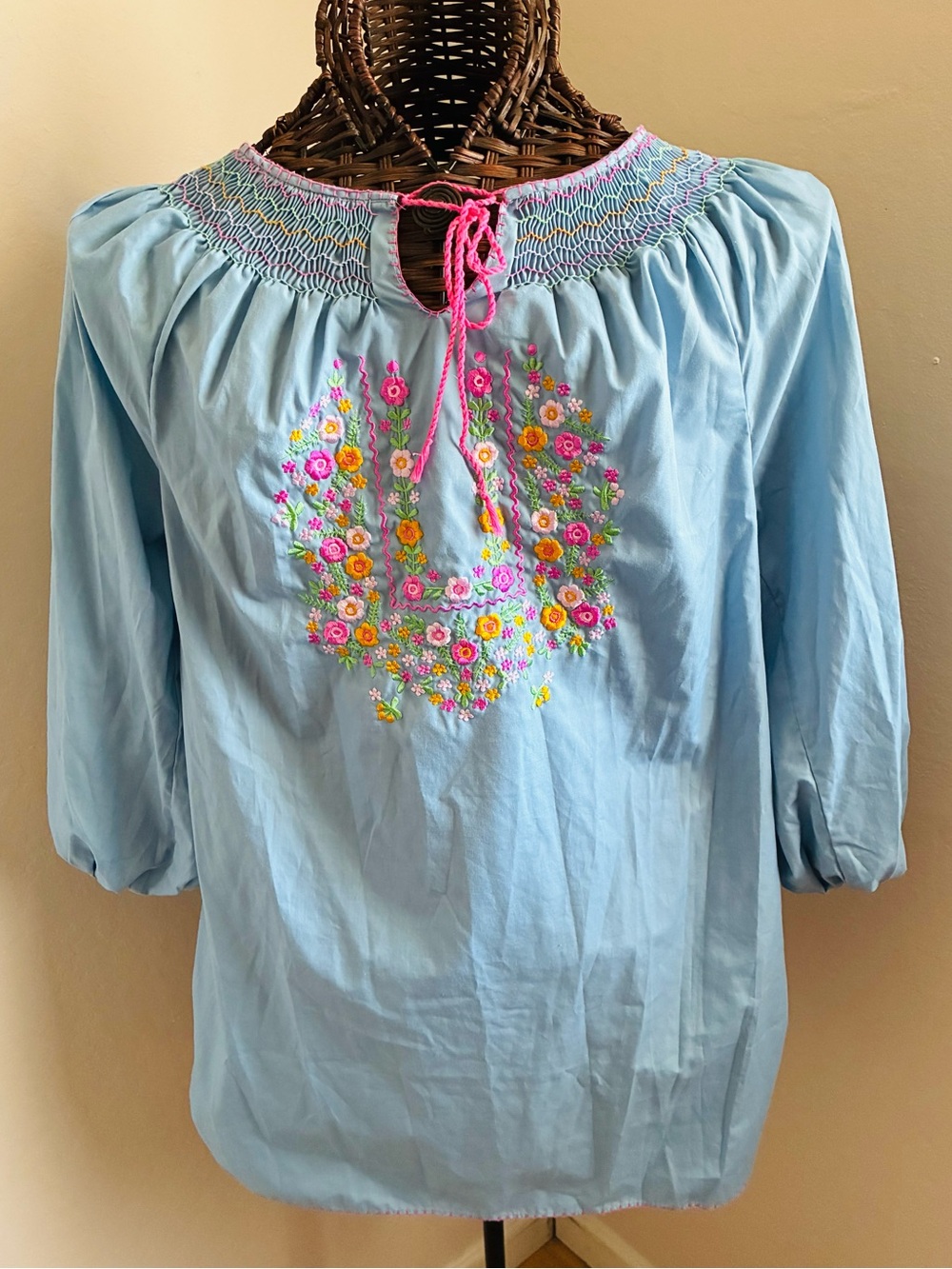 Light Blue Embroidered Peasant Top with Pink Tie